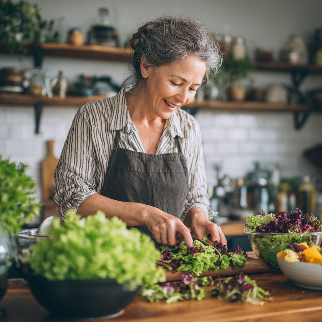 Skupina usmievovcov dospelých rôznych vekových kategórií slovenského pôvodu spoločne pripravujúca zdravé jedlá v modernej kuchyni