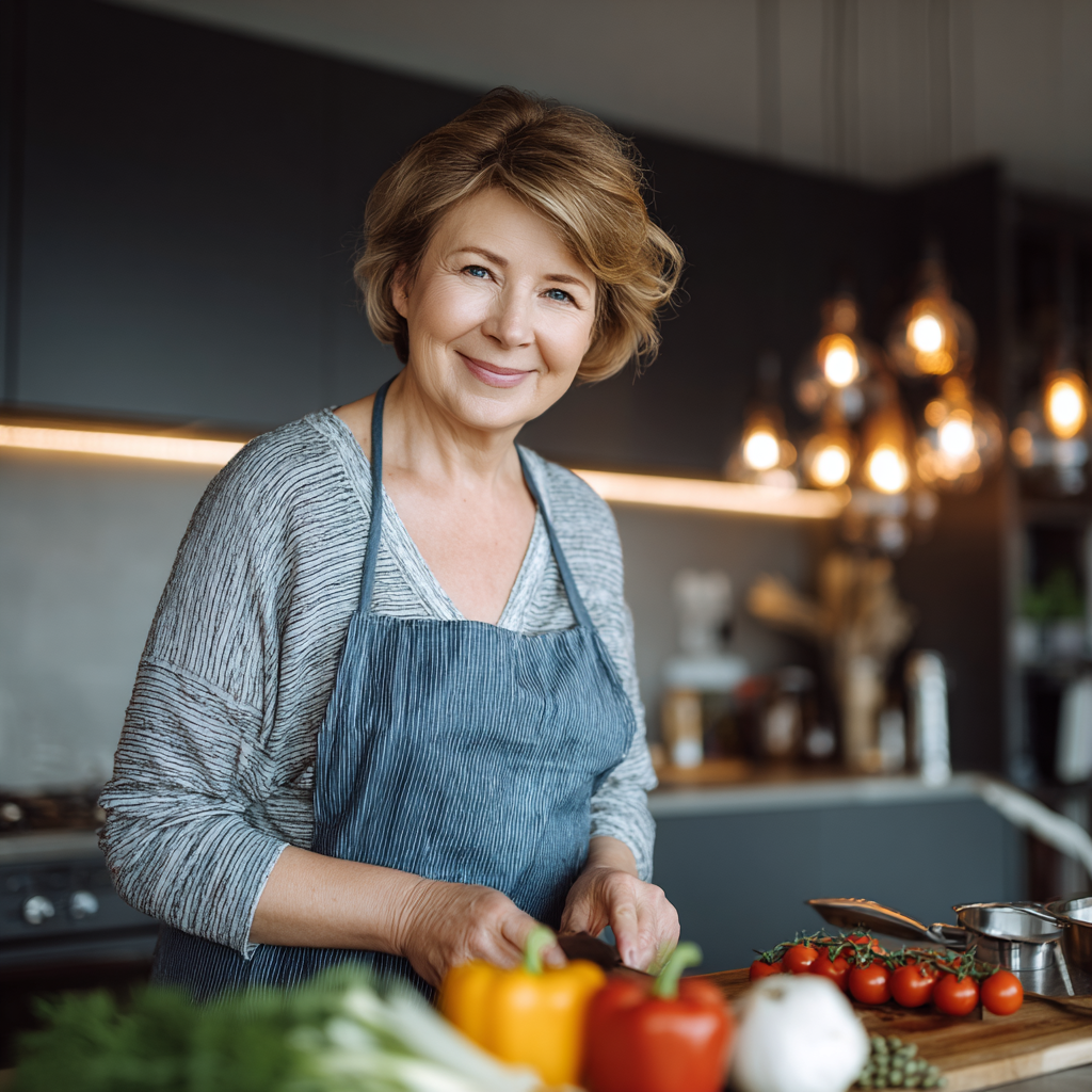 Usmiaty starší slovenský muž a žena držiaci pohár s vodou a zdravé jedlo v slnečnej kuchyni